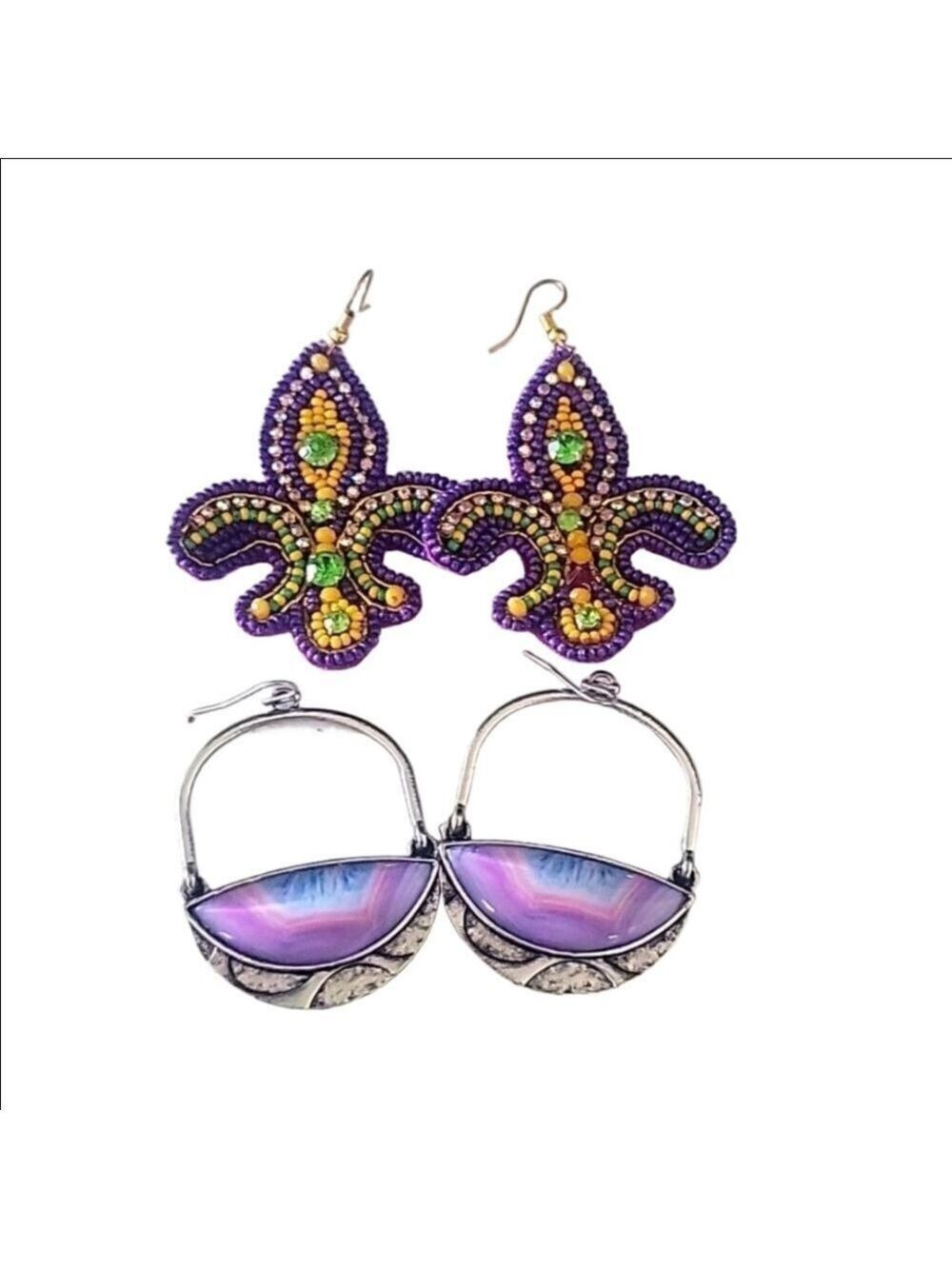 Mardi gras purple dangle earrings set of 2